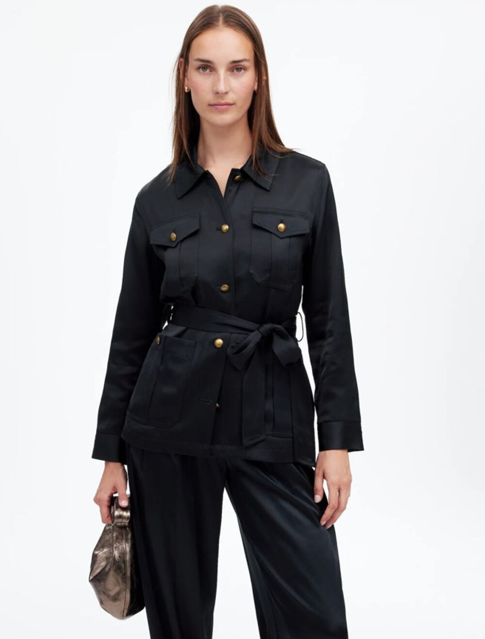Double-Faced Satin Safari Jacket SZ S True Black Belted Button Up Lined